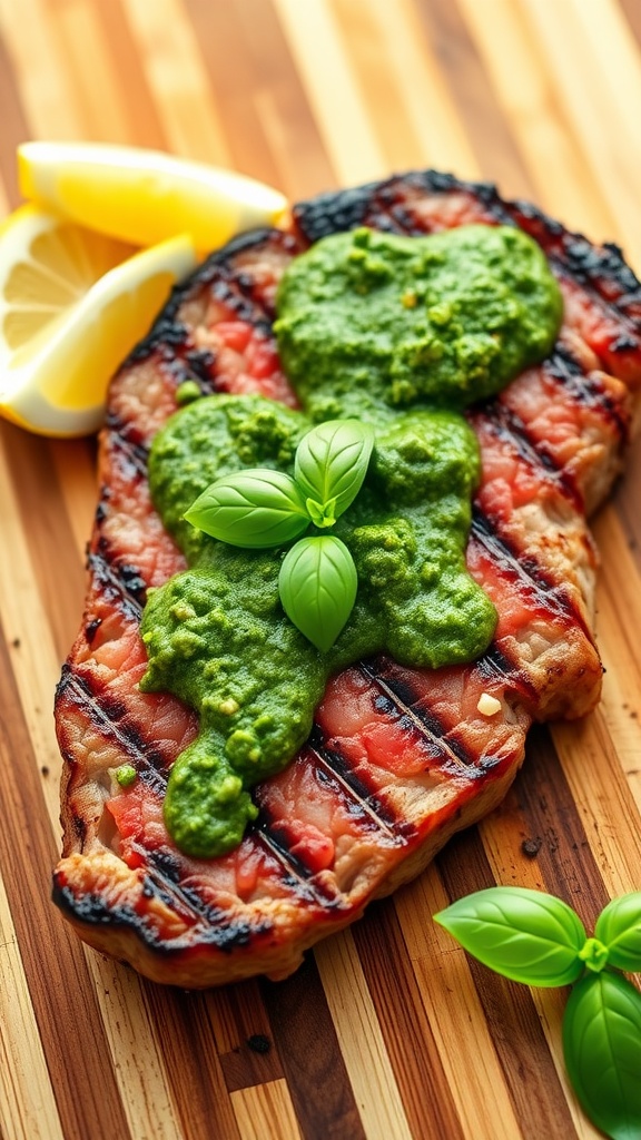 Grilled steak topped with basil pesto on a wooden board, garnished with lemon wedges and fresh basil.